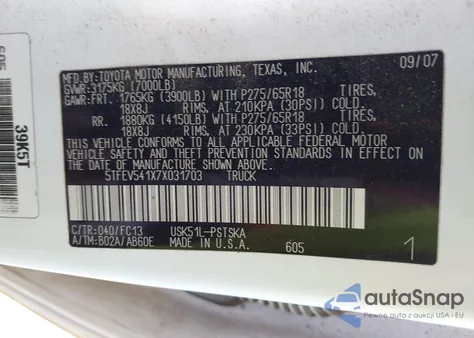 2007 Toyota Tundra Sr5 5.7L V8 из США, поврежденный, VIN 5TFEV541X7X031703